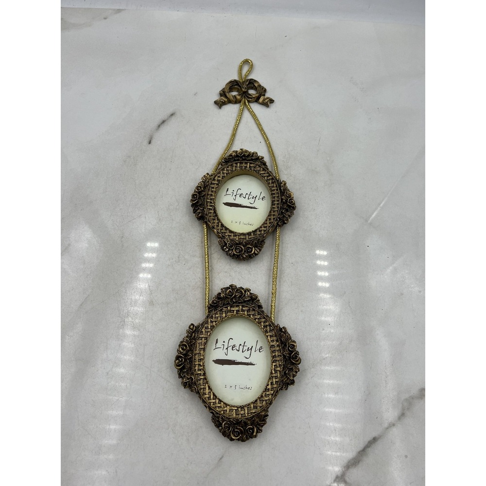 Lifestyle Hanging Double Photo Frame Ornate Gold Roses Bow 2x3 Oval Baroque